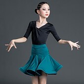 お買い得  キッズ用ダンスウェア-子供用ダンスウェア スカート サイドドレープ フリル ピュアカラー 女の子 性能 訓練 ハーフスリーブ ハイウエスト ポリエステル