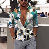 economico Geometrica-Per uomo Geometrica Geometria Camicia Camicia con bottoni Manica lunga Di tendenza Originale Informale Esterno Da mare Giornaliero Primavera estate Colletto alla coreana Stampa 3D Bottone giù Nero