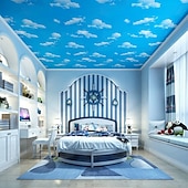 cheap Nature&amp;Landscape Wallpaper-Cool Wallpapers Blue Wallpaper Wall Mural Self adhesive PVC waterproof 3D blue sky white cloud color decoration film Bedroom living room ceiling wall sticker instant paste a roll of 17.72*74.78inches