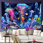 cheap Blacklight Tapestries-Blacklight Tapestry UV Reactive Glow in the Dark Glow Party Neon Jellyfish Marine Psychedelic Trippy Misty Hanging Tapestry Wall Art Mural for Living Room Bedroom