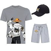 cheap Cartoon &amp; Movie Character Graphic-Three Piece Printed T-Shirt Shorts Baseball Caps Co-ord Sets One Piece Monkey D. Luffy Graphic Outfits &amp; Matching For Men&#039;s Adults&#039; Casual Daily Running Gym Sports