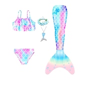 voordelige Zeemeermin badpak-Kinderen Voor meisjes Vijf stuk Zeemeermin zwemkleding Badmode Bikini Strand Zwemmen Regenboog Tie Dye leuke Style Badpakken 3-10 jaar Zomer Licht Blauw Kleurrijk