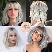 economico Parrucche trendy sintetiche-parrucche corte argento bianco per donna ombre parrucca riccia nera e grigia con frangia capelli sintetici di media lunghezza parrucca bob onda d&#039;acqua parrucche grigie colorate