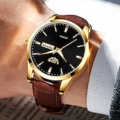 preiswerte Quarz-Uhren-Herren Quarz Uhr Luxus Geschäftliche Armbanduhr Analog Leuchtender Kalender Datum Woche Wasserdichte PU Leder Uhr
