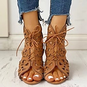 cheap Vacation Sandals-Women&#039;s Black Cut-Out Lace-Up Sandals - Stylish Wedge Heels with Geometric Patterns for Fashionable Summer Outfits