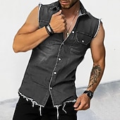 economico camicia da uomo con bottoni-Per uomo Camicia Estiva Camicia con Bottoni Camicia di Jeans Nero Blu Senza Maniche Semplice Collo ripiegato Vacanza Quotidiano Jeans Abbigliamento Poliestere Moda Casual Confortevole