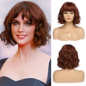 economico Parrucche trendy sintetiche-parrucche corte argento bianco per donna ombre parrucca riccia nera e grigia con frangia capelli sintetici di media lunghezza parrucca bob onda d&#039;acqua parrucche grigie colorate