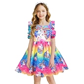 preiswerte 3D Einhorn Kleid-kinderkleidung Mädchen Kleid Karikatur Regenbogen Einhorn Kurzarm Leistung Casual Kostüm Süß Baumwolle Übers Knie Casual kleid A Linie Kleid Sommer Frühling 3-8 Jahre Blau