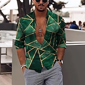 economico Geometrica-Per uomo Geometrica Geometria Camicia Camicia con bottoni Manica lunga Di tendenza Originale Informale Esterno Da mare Giornaliero Primavera estate Colletto alla coreana Stampa 3D Bottone giù Nero