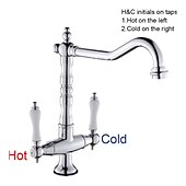 cheap Classical-Twin Lever Traditional Kitchen Sink Mixer Taps, Dual Lever Cold and Hot Faucet Deck Mounted, 360° Swivel Spout Sink Tap with 2 Ceramic Handles, Antique Brass Classic Double Handle for Kitchen Bathroom