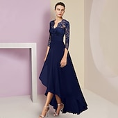abordables Longueur du plancher-Robe de Mère de la Mariée A-Line Robe Formelle Invité de Mariage Élégante Haut-Bas Col V Asymétrique Longueur Thé Chiffon Dentelle Manches 3/4 avec Plis 2025 taille personnalisée gratuite