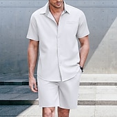cheap Men&#039;s Basic Shirts Sets-Men&#039;s Cotton Linen Shirt Summer Shirt Beach Shirt Shirt Suits Plain Daily Hawaiian Black White Sky Blue Gray Short Sleeves Turndown Summer Clothing Apparel