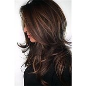 economico Parrucche trendy sintetiche-lunga lunghezza della spalla a strati marrone con parrucca evidenziata color cammello fibra di capelli sintetica evidenzia parrucche multicolori per donne bianche