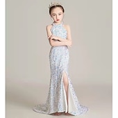 preiswerte Blumenmädchenkleider-Blumenmädchenkleid Mädchen Kleid Abendkleid Party Kleid Hochzeit Party Besondere Anlässe Kuschelig Prinzessin Pailletten Spitze Glatt Ärmellos Schulterfrei Schwarz Weiß