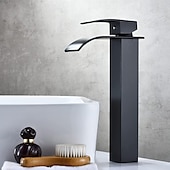 economico Classici-Rubinetto Miscelatore Lavabo Bagno A Cascata Alto Corto, Lavabo Monocomando Rubinetti Lavabo Monocomando, Bagno Con Tubo Flessibile Caldo E Freddo Vaso Monoblocco Acqua Rubinetto In Ottone Montaggio A Bordo Nero Dorato