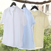 preiswerte Klassiker-Herren leinenhemd Sommerhemd Strandbekleidung Knopfhemd Glatt Casual Täglich Weiß Blau Kurzarm Kargen Sommer Bekleidung Button-Down
