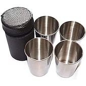 cheap Barware-4 Stainless Steel Shot Cups Drinking Vessel with Black Leather Carrying Case (30ml) Outdoor Camping Travel Unbreakable Metal Shooters for Whiskey Tequila Liquor Great Barware Gift