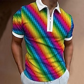 billiga Mäns mönstrade pikétröja-Herr Regnbåge Hawaiian pikétröjor Golftröja Kortärmad Polotröjor Skjortor med krage Ledigt Standkläder Semesterkläder Tropical Wear Festkläder 3D-utskrift Quarter Zip Polo Svart Olivgrön Vit