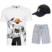 cheap Cartoon &amp; Movie Character Graphic-Three Piece Printed T-Shirt Shorts Baseball Caps Co-ord Sets One Piece Monkey D. Luffy Graphic Outfits &amp; Matching For Men&#039;s Adults&#039; Casual Daily Running Gym Sports