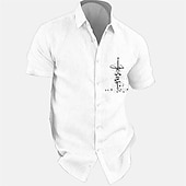 cheap Business Casual-Men&#039;s Cotton Linen Shirt Summer Shirt Beach Shirt Letter Vacation Casual Blue Gray Short Sleeve Turndown Summer Clothing Apparel