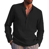 cheap Classic-Men&#039;s Linen Shirt Band Collar Shirt Summer Shirt Beach Wear Solid Color Daily Hawaiian Black White Wine Navy Blue Long Sleeve Henley Spring &amp;  Fall Clothing Apparel Collared Shirts
