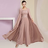 billige Mammas buksedresser-Strandbryllup Jumpsuit  Buksedrakt 3-delt Mor til bruden Formell Bryllupsgjest Elegant Firkantet hals Gulvlengde Chiffon Blonde Uten ermer Wrap inkludert med Applikasjoner fri tilpasset størrelse