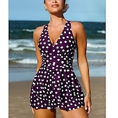 billiga vintage badkläder-1 pcs Badkläder One-piece Baddräkter Retro / vintage Femtiotal Dam Prickig Polyester Svart Blå Klänning