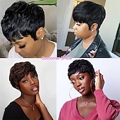 abordables Perruques de qualité supérieure-perruques de cheveux courts coupe de lutin droite courte bob perruque pour les femmes noires 100% brésilienne vierge de cheveux humains non dentelle pleine machine faite 6 pouces naturel noir couleur