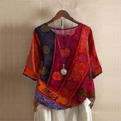 cheap Boho Tops-Women's Plus Size Linen Shirt Boho T-shirt T Shirt Streetwear Casual Color Block Striped Print Half Sleeve Regular Tops Crew Neck Daily Sports Weekend Red Blue Purple Summer Spring