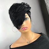 economico Parrucche trendy sintetiche-parrucca pixie cut per donne nere capelli umani vergini al 100% nessuno parrucche a strati frontali in pizzo con frangia capelli umani veri brasiliani parrucche pixie corte per donne nere uso