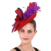 billige Coiffer-fascinators Sinamay Bryllup Kentucky Derby cocktail Retro Rød Brude Med Fjær Blomster Hodeplagg Hodeplagg