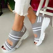 billiga Damsandaler-Sportiga stickade sandaler med peep toe-design för kvinnor, andas platåsandaler med peep toe-motiv, för sommarpromenader och vardagliga kläder.