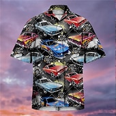 cheap Retro Vintage Print-Men&#039;s Car Shirt Summer Hawaiian Shirt Aloha Shirt Short Sleeves Shirt Turndown Tropical Fashion Streetwear Street Casual Daily Black Yellow S M L