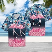 preiswerte Vögel &amp; Tiere-Herren Blumen Flamingo Tropisch Hemd Hawaiihemd Sommerhemd Aloha-Shirt Kurze Ärmel Hemd Umlegekragen Designer Brautkleider schlicht Weich Outdoor Casual Täglich Rosa Marineblau Blau S M L