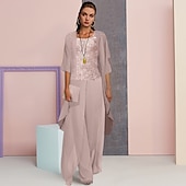 ieftine Costumele cu pantaloni ale mamei-Costum de nunta pentru plajă 3 piese matern pentru mireasă invitat formal la nuntă elegant mărime mare cu decolteu rotund lungime până la podea din chiffon cu dantelă fără mâneci cu aplicații mărime