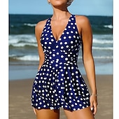 billiga vintage badkläder-1 pcs Badkläder One-piece Baddräkter Retro / vintage Femtiotal Dam Prickig Polyester Svart Blå Klänning