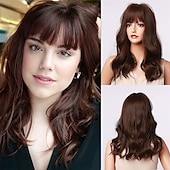 economico Parrucche trendy sintetiche-parrucche ramate con frangia parrucca zenzero parrucca rosso arancio parrucca ondulata lunghezza spalle parrucca parte centrale capelli per donna
