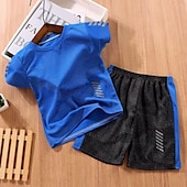 billiga Kläder för pojkar-2 delar Barn Pojkar Träningsoveraller Utrusta Färgblock Kortärmad Crewneck Bomull Uppsättning Sport Sommar Vår 7-13 år Vit Gul Ljusgrön
