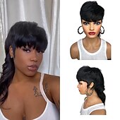 baratos Perucas capless de cabelo natural-Modelo de comprimento completo máquina feita peruca com franja indiano virgem perucas de cabelo humano para mulheres negras cauda de andorinha reta remy