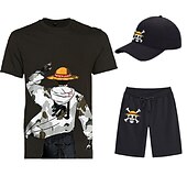 cheap Cartoon &amp; Movie Character Graphic-Three Piece Printed T-Shirt Shorts Baseball Caps Co-ord Sets One Piece Monkey D. Luffy Graphic Outfits &amp; Matching For Men&#039;s Adults&#039; Casual Daily Running Gym Sports
