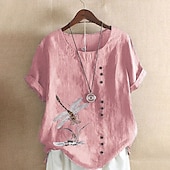 economico Camicie-Camicia da donna 100% Cotone Camicia Blusa Stampa a bottoni Weekend Streetwear Di base Casual Simile lino Manica corta Collo tondo Bianco Estate Primavera