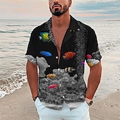 abordables Impression océan-Homme Tropical Poissons Monde sous marin Chemise Chemise hawaïenne Chemise Camp Manche Courte Chemise Col rabattu Mode Design Décontractées Extérieur Plein Air Casual Mer bleue Noir bleu marine 3D