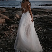 voordelige losse trouwjurken-Strand Open Rug Boho Bruidsjurken A-Lijn Off Shoulder Kap Mouw Court Train Kant Bruidsjurken Met Applicaties Effen Kleur 2025