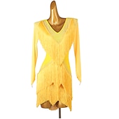 preiswerte Kleidung für lateinamerikanische Tänze-Tanz-Salsa-Latin-Tanzkleid mit Fransen, Quasten, Kristallen/Strasssteinen, Damen, Performance-Training, lange Ärmel, Chinlon
