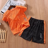 billiga Kläder för pojkar-2 delar Barn Pojkar Träningsoveraller Utrusta Färgblock Kortärmad Crewneck Bomull Uppsättning Sport Sommar Vår 7-13 år Vit Gul Ljusgrön