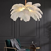 abordables Luces de isla-Lámpara colgante de luz led, hermosa lámpara colgante de ramo de plumas de avestruz blanco extra grande, accesorio de iluminación montado romántico para el dormitorio del restaurante