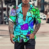ieftine Model 3D-Bărbați Bloc Culoare Abstract Cămașă Camașă cu nasturi Manșon scurt Sport Modă Șic Stradă Casual Concediu Ieșire Vară Primăvară Guler cubanez Imprimeu Negru Galben Albastru piscină Trifoi