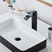 economico Classici-Rubinetto Miscelatore Lavabo Bagno A Cascata Alto Corto, Lavabo Monocomando Rubinetti Lavabo Monocomando, Bagno Con Tubo Flessibile Caldo E Freddo Vaso Monoblocco Acqua Rubinetto In Ottone Montaggio A Bordo Nero Dorato
