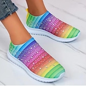 preiswerte Damen-Sneaker-Damen-Sneaker zum Hineinschlüpfen in Regenbogenfarben – farbenfrohe Sportschuhe aus Strick mit Strassverzierungen für die Freizeit und zum Spazierengehen