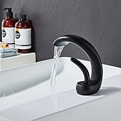 お買い得  クラシカル-ウォーターフォール バスルーム シンク ミキサー 蛇口 デッキ マウント、モノ ウォッシュ 洗面台 シングル ハンドル 洗面器 タップ 洗面所 温水ホースと冷水ホース付き モノブロック ベッセル 水 真鍮 タップ ブラック ホワイト クローム ブラッシング